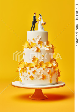 Wedding cake with bride and groom topper on top of it. Generative AI 104401391