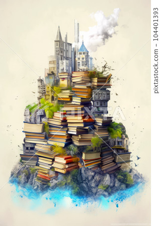 Large stack of books sitting on top of pile of books on top of mountain. Generative AI 104401393