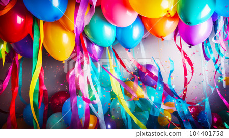 Bunch of colorful balloons and streamers with streamers on the ground. Generative AI Bunch of colorful balloons and streamers with streamers on the ground. Generative AI 104401758