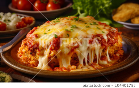 Close up of plate of lasagna on wooden table. Generative AI Close up of plate of lasagna on wooden table. Generative AI 104401785