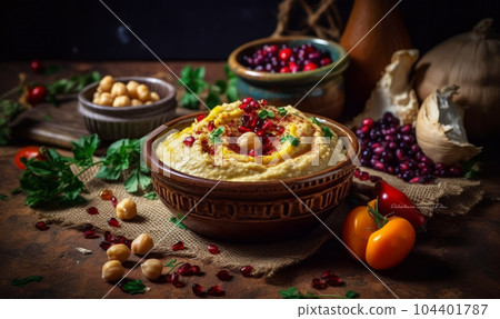 Bowl filled with hummus and garnished with cranberries. Generative AI Bowl filled with hummus and garnished with cranberries. Generative AI 104401787