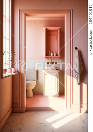 Bathroom with sink, toilet, and shelf with potted plant. Generative AI Bathroom with sink, toilet, and shelf with potted plant. Generative AI 104401912