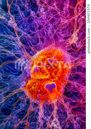 Close up of purple and yellow cell phone with orange and yellow cell inside of it. Generative AI Close up of purple and yellow cell phone with orange and yellow cell inside of it. Generative AI 104401974