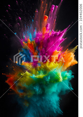 Multicolored explosion of colored powder on black background with space for text. Generative AI 104402006