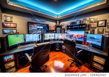 Room filled with lots of computer monitors and desk with two chairs. Generative AI 104402007