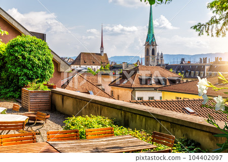 Aerial panorama on the Zurich roofs at sunny day, Switzerland 104402097