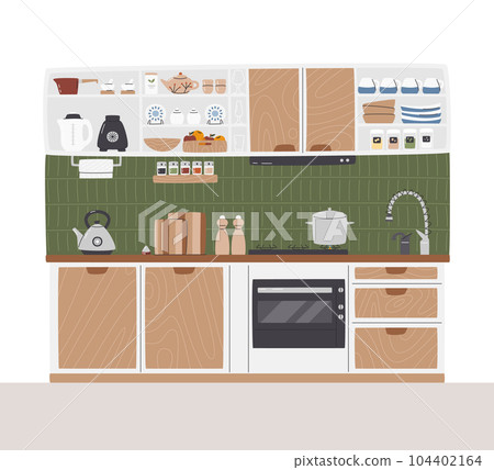Mid century kitchen set with different kitchenware 104402164