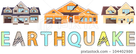 Residential buildings with destroyed facade due to natural disaster. Large inscription earthquake Residential buildings with destroyed facade due to natural disaster. Large inscription earthquake 104402980