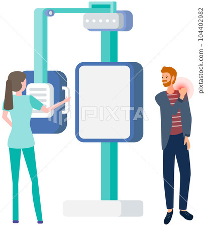 Male character with shoulder pain is examined in hospital. Female doctor makes x-ray to patient Male character with shoulder pain is examined in hospital. Female doctor makes x-ray to patient 104402982