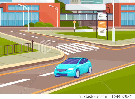 Car stands in front of pedestrian crossing. Landscape of urban city with traffic, roadway 104402984