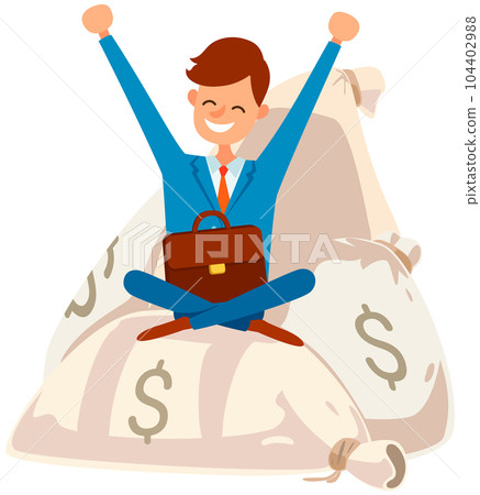 Rich successful businessman sitting on pile of money bags with briefcase. Business success concept Rich successful businessman sitting on pile of money bags with briefcase. Business success concept 104402988