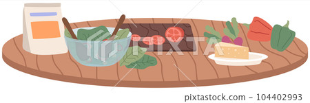Process of cooking vegetarian salad with fresh vegetables and cheese. Proper nutrition concept Process of cooking vegetarian salad with fresh vegetables and cheese. Proper nutrition concept 104402993