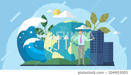Businessman talks about climate change on planet. Visualization of human influence on weather 104403003