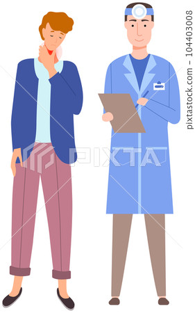 Man with pain in consultation with doctor. Otolaryngologist consults patient with sore throat 104403008
