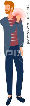 Guy with sad face suffering from shoulder pain. Painful sensations in arm. Person with joint injury Guy with sad face suffering from shoulder pain. Painful sensations in arm. Person with joint injury 104403031