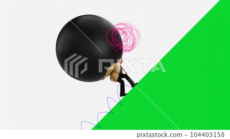 Young man carrying giant heavy ball uphill. Contemporary art collage with 3D elements. Concept of business, personal career, ad, sales, achievement Young man carrying giant heavy ball uphill. Contemporary art collage with 3D elements. Concept of business, personal career, ad, sales, achievement 104403158