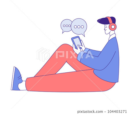 Social Media with Man Character Sitting with Tablet and Headphones Vector Illustration 104403271
