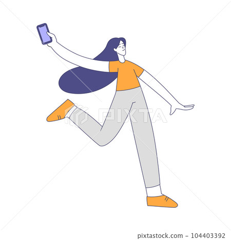 Woman Character Running with Smartphone Enjoying Outdoor Walk in the Park Vector Illustration 104403392