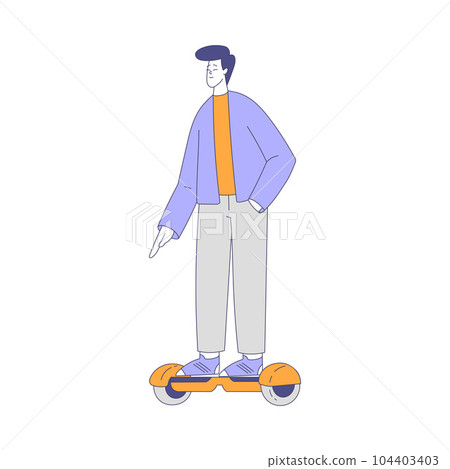 Man Character Riding Hoverboard Enjoying Outdoor Walk in the Park Vector Illustration 104403403