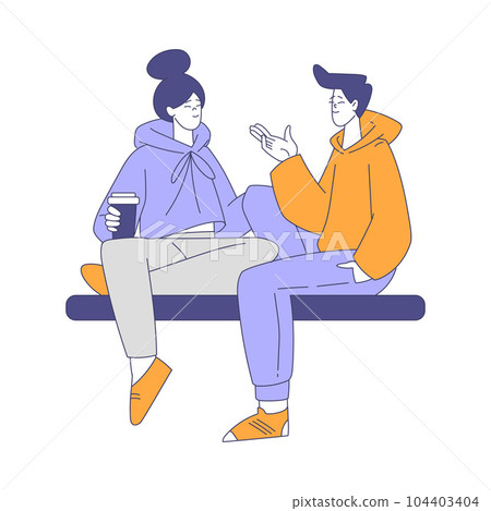 Man and Woman Character Sitting on Bench and Talking Enjoying Outdoor Walk in the Park Vector Illustration 104403404