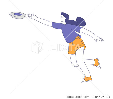 Happy Woman Character Playing Frisbee Throwing or Catching Flying Disc Vector Illustration 104403405