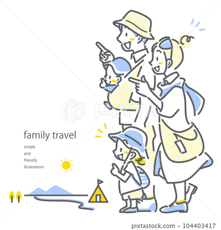 暑假家庭旅行四口之家流行時尚的線條畫插圖 暑假家庭旅行四口之家流行時尚的線條畫插圖 104403417