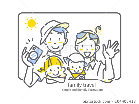 A family waving from the train window, a family of four, a pop and stylish line drawing illustration 104403418