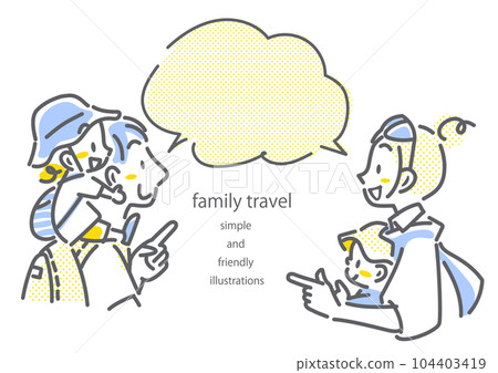Summer vacation family trip family of 4 pop and stylish line drawing illustration 104403419