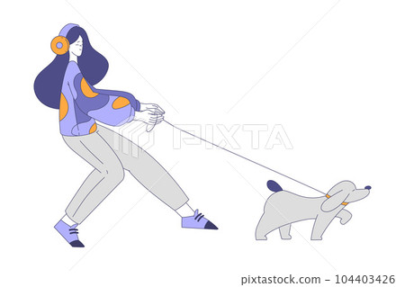 Young Girl in Headphones Walking Cute Dog with Leash Vector Illustration Young Girl in Headphones Walking Cute Dog with Leash Vector Illustration 104403426