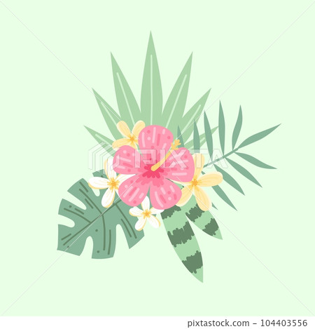 Summer flowers and leaves, hibiscus and plumeria hand drawn colorful trendy vector illustration Summer flowers and leaves, hibiscus and plumeria hand drawn colorful trendy vector illustration 104403556