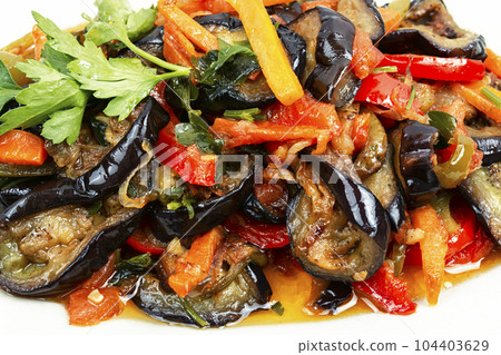 Aubergine saute, vegetable stew, caponata. Aubergine saute, vegetable stew, caponata. 104403629