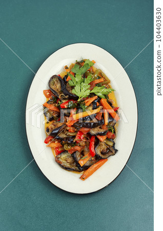 Hot spicy stew eggplant. 104403630