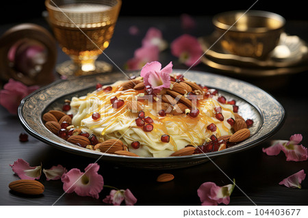 Captivating image of Balooza, a traditional Emirati dessert with vermicelli noodles, rosewater, saffron, nuts, and delicate rose petal garnish Captivating image of Balooza, a traditional Emirati dessert with vermicelli noodles, rosewater, saffron, nuts, and delicate rose petal garnish 104403677
