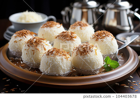 Delightful Brazilian Beijinho coconut truffles, a treat with a creamy and tropical flavor Delightful Brazilian Beijinho coconut truffles, a treat with a creamy and tropical flavor 104403678