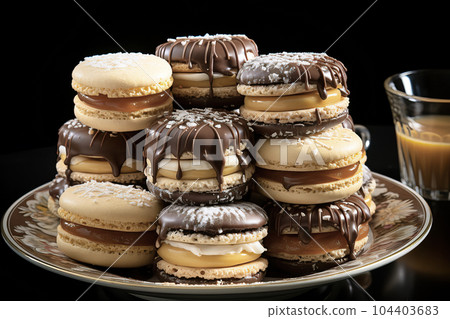 Alfajores, a mouthwatering display of buttery sandwich cookies filled with dulce de leche, elegantly presented 104403683