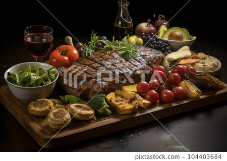 Argentine Asado - sizzling grilled meat arranged on a rustic wooden platter with charred vegetables and fresh herbs Argentine Asado - sizzling grilled meat arranged on a rustic wooden platter with charred vegetables and fresh herbs 104403684