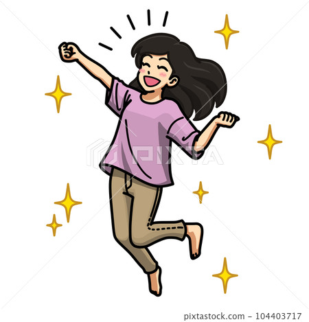 Illustration of a smiling woman jumping (glittering background) 104403717
