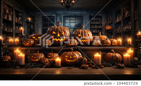 Halloween carved pumpkin head jack lantern with burning candles and colorful bokeh background, Jack O lanterns in spooky room on wooden shelf copy space 104403729