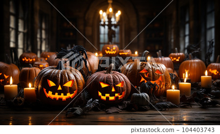 Halloween carved pumpkin head jack lantern with burning candles and colorful bokeh background, Jack O lanterns in spooky room on wooden shelf copy space 104403743