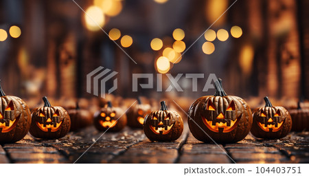 Halloween carved pumpkin head jack lantern with burning candles and colorful bokeh background, Jack O lanterns in spooky room on wooden shelf copy space 104403751