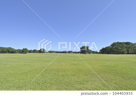 萬里無雲的藍天下,公園裡一片綠色的草原 萬里無雲的藍天下,公園裡一片綠色的草原 104403935