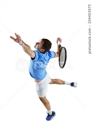 Full-length dynamic image of man, professional tennis player in motion, playing. serving ball with racket isolated over white background Full-length dynamic image of man, professional tennis player in motion, playing. serving ball with racket isolated over white background 104403975