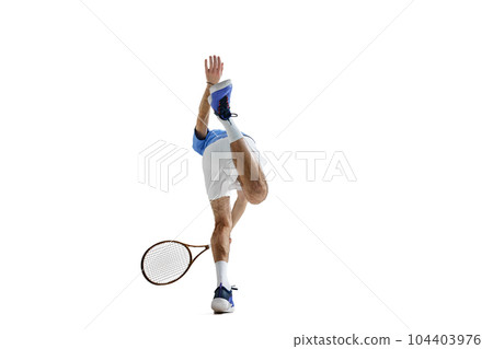Championship. Professional male tennis player in motion during game, match serving ball isolated over white background Championship. Professional male tennis player in motion during game, match serving ball isolated over white background 104403976