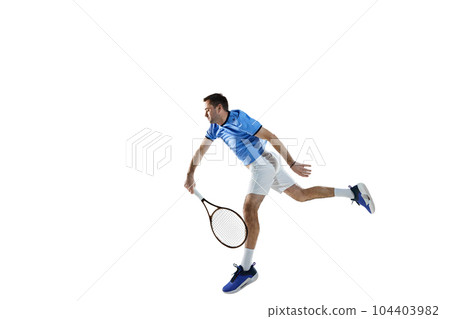 Active man in blue shirt and white shorts, tennis player in motion, training, playing isolated over white background 104403982