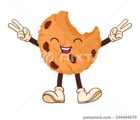 Cartoon cookie mascot. Funny chocolate chip cookie cute emoji with face, arms and legs flat vector illustration. Biscuit character Cartoon cookie mascot. Funny chocolate chip cookie cute emoji with face, arms and legs flat vector illustration. Biscuit character 104404070