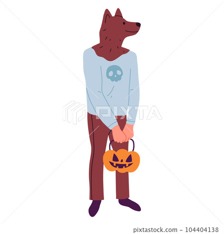 Halloween party werewolf character. Man wearing funny wolf masquerade costume, spooky Halloween holiday party costume flat vector illustration Halloween party werewolf character. Man wearing funny wolf masquerade costume, spooky Halloween holiday party costume flat vector illustration 104404138