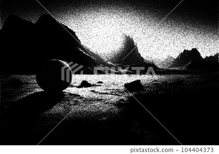 Alien planet landscape in retro dotwork style. Planets and satellites over unknown planet in space. Sci-fi world landscape beyond our galaxy. 104404373
