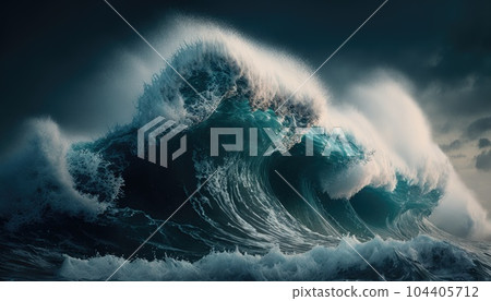 Huge ocean wave during giant storm. Sea water background in rough conditions. A tremendous ocean wave. Dark cloudy sky. Force of nature. Tsunami cataclysm. Ecological disaster. Generative AI 104405712