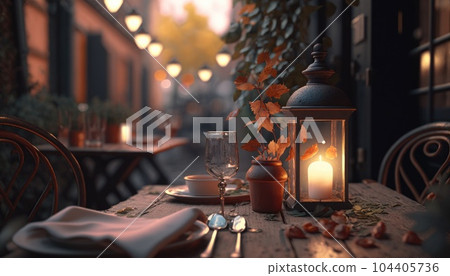 Outdoor empty coffee and restaurant terrace with potted plants table and chairs. Served table and decoration street cafe. Beautiful Background With colorfull leaves early Autumn morning. Generative AI 104405736