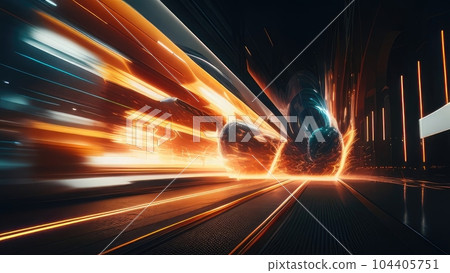 Illustration of dynamic lights speed road in night time. Long exposure car light trails in road tunnel. Generative AI 104405751